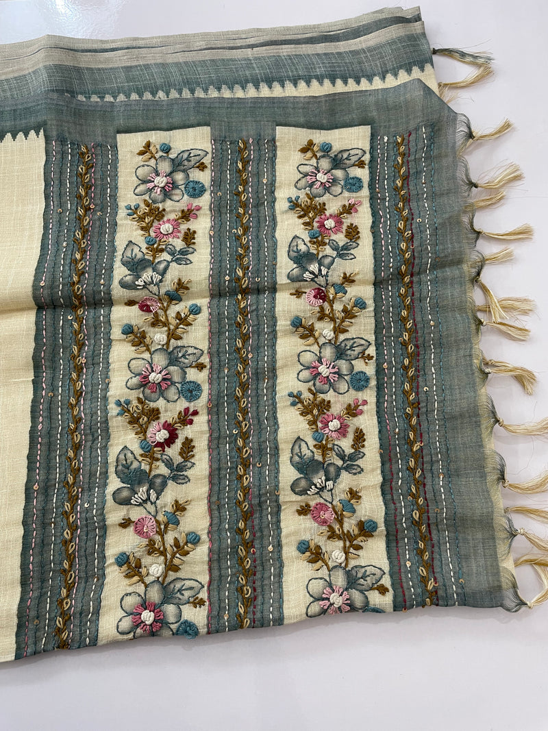 Tissue linen saree with kanta embriodery saree MS88650