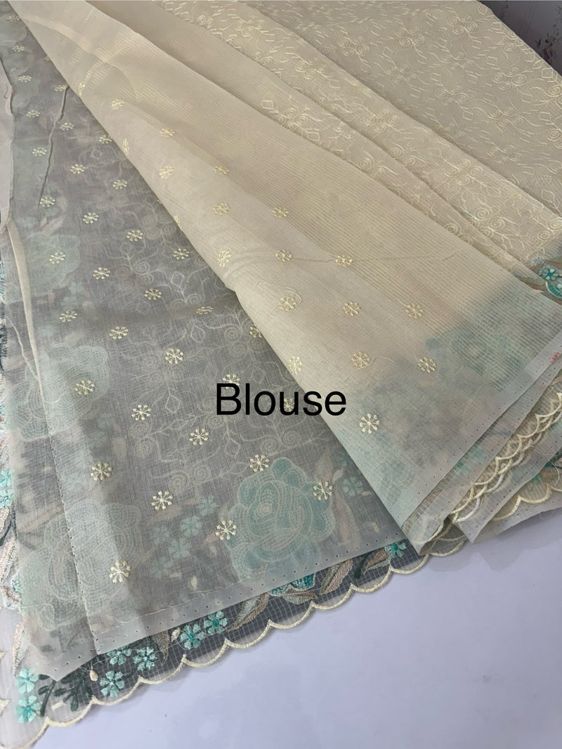 Phulkari NetKota embroidery saree - MSH107 Offwhite to Blue