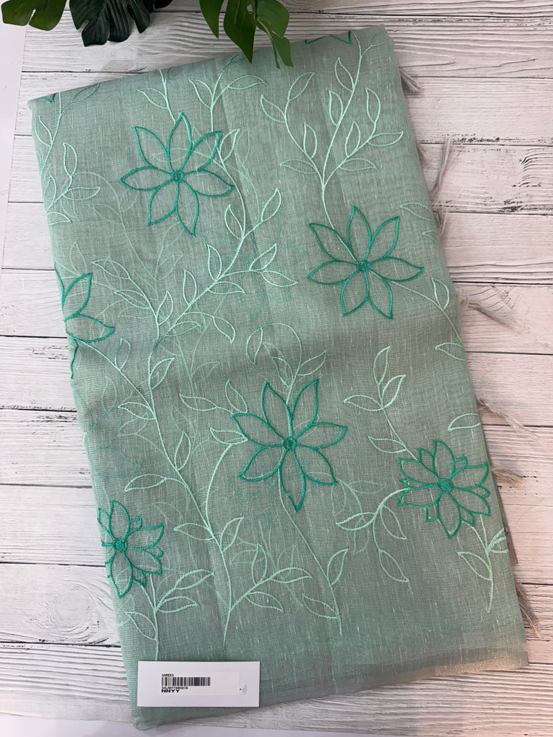 Tissue Linen Saree with embroidery MRS786 - Pastel BlueGreen