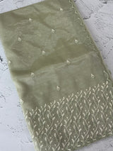 Glassy tissue organza saree with embroidery FKSF133- DustyGreen