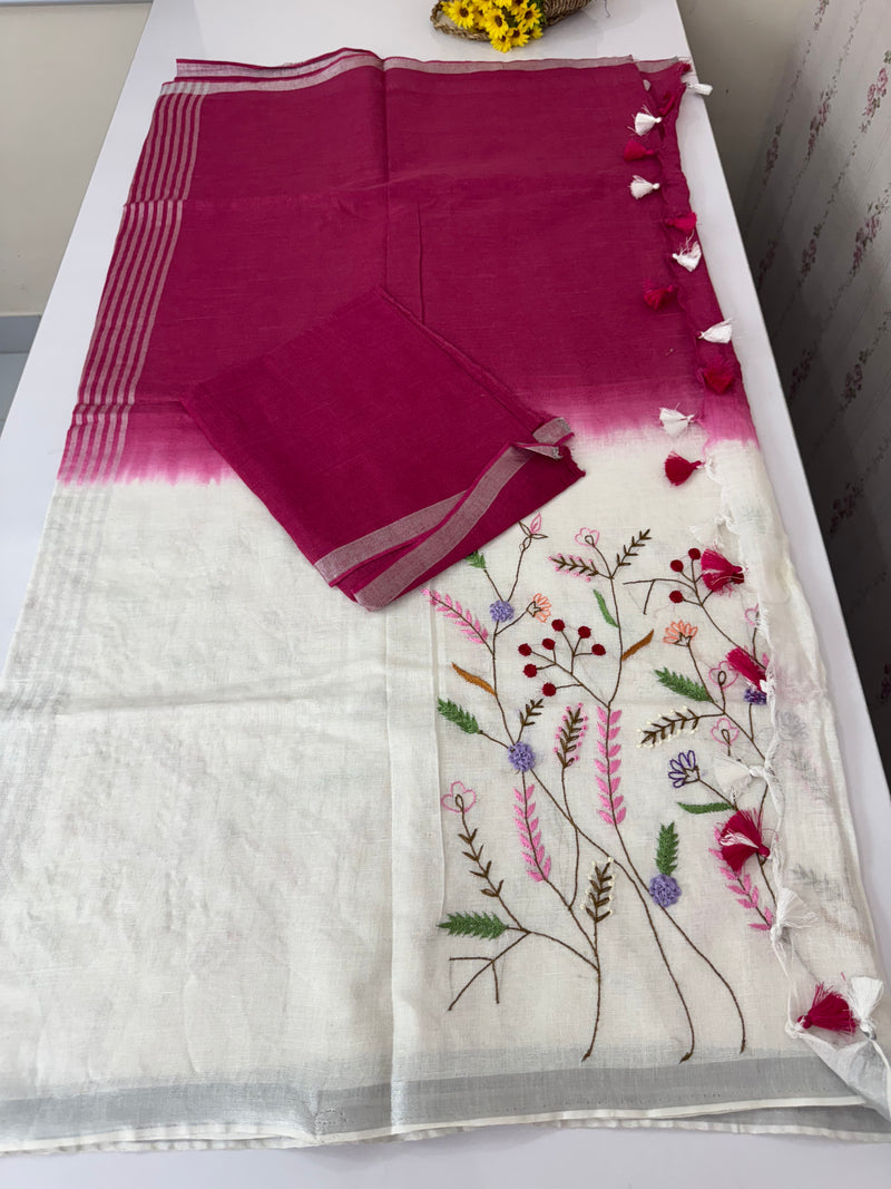 Linen blend Saree with hand embriodery MLS611