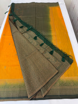 Jute tussar silk sarees with contrast pallu & brocade blouse MS1688 - Mustard to Green