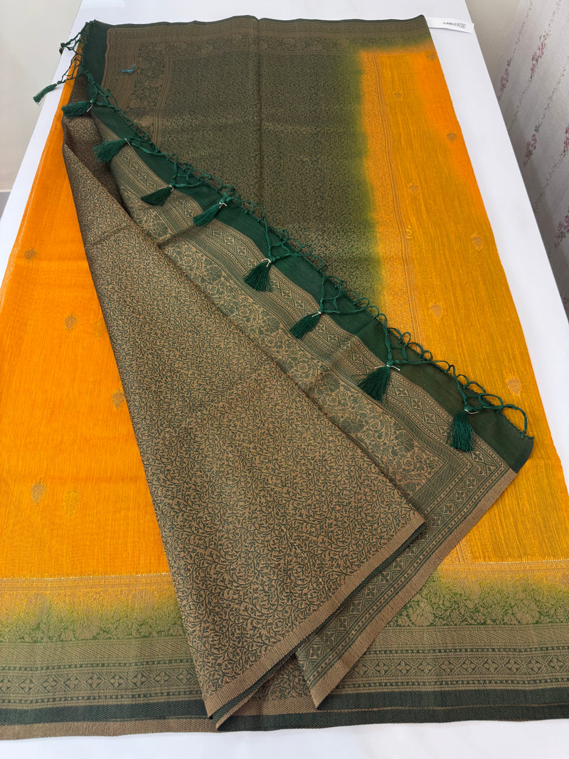 Jute tussar silk sarees with contrast pallu & brocade blouse MS1688 - Mustard to Green