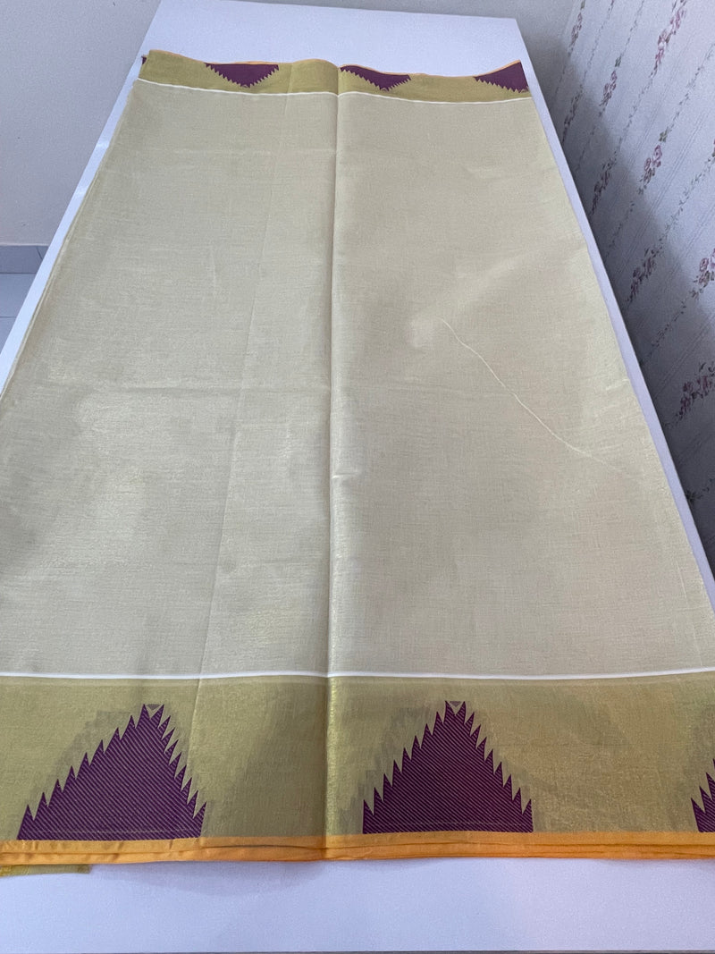 Kerala gold tissue saree with temple border - Purple
