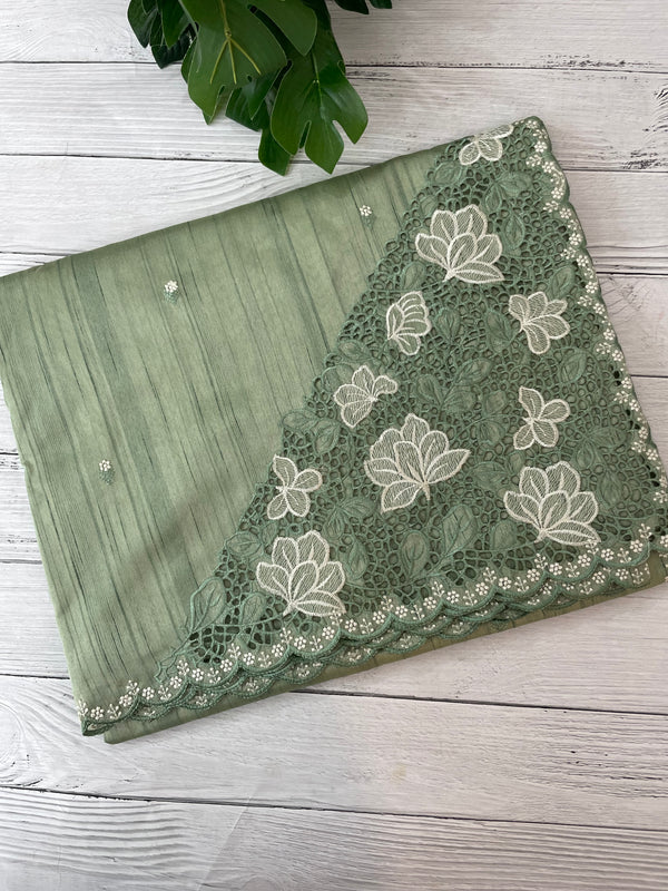 Cutwork Semi tussar saree MTSS674 DuskyGreen
