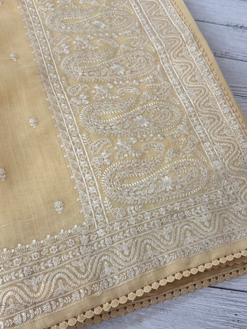 Semi linen saree with chikanakari embroidery- MS15086 PastelYellow