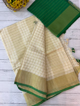 Linen checks saree with zari border MLS9766- GREEN