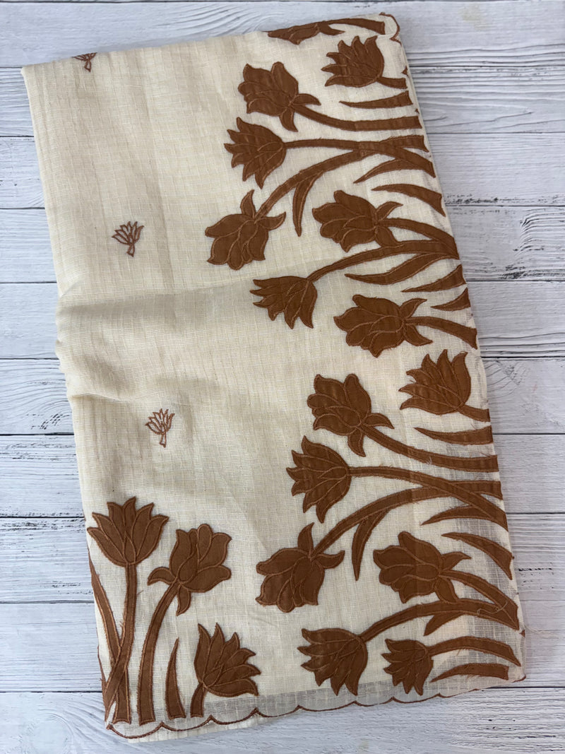 Jute Linen Applique work saree  -MSH128 Offwhite to Caramel