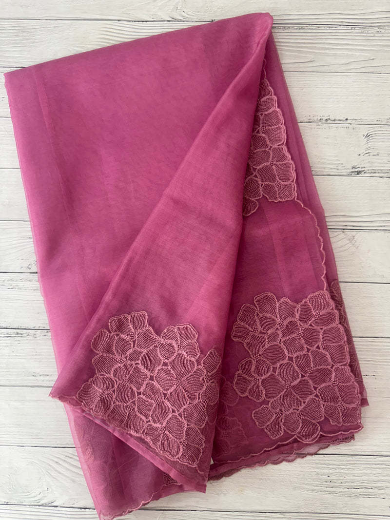 Semi organza saree with embroidery & scallop border - MSH901 Fuchsia Pink