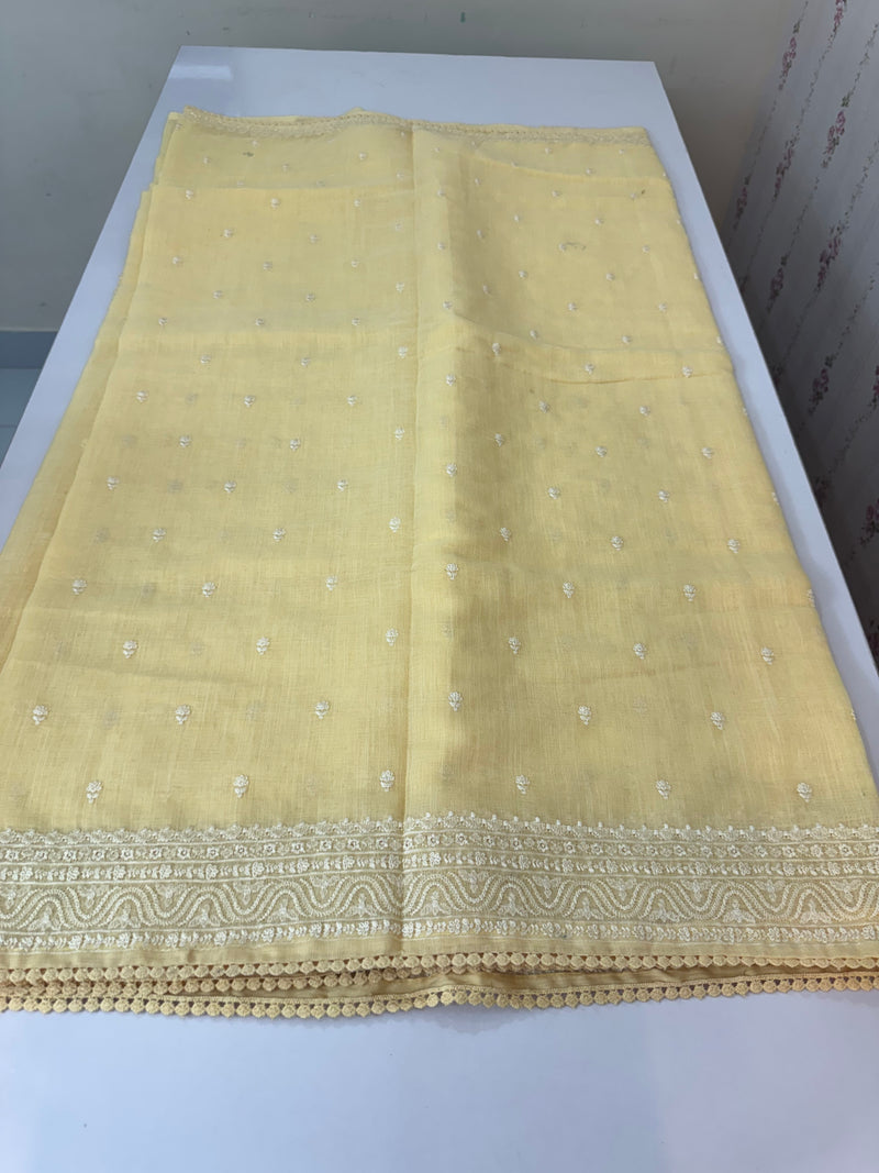 Semi linen saree with chikanakari embroidery- MS15086 PastelYellow