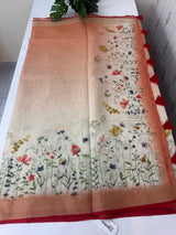 Handworked floral digital printed semi Linen Saree MLS611