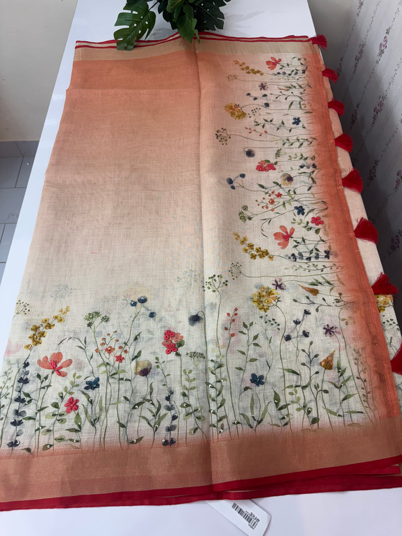 Handworked floral digital printed semi Linen Saree MLS611