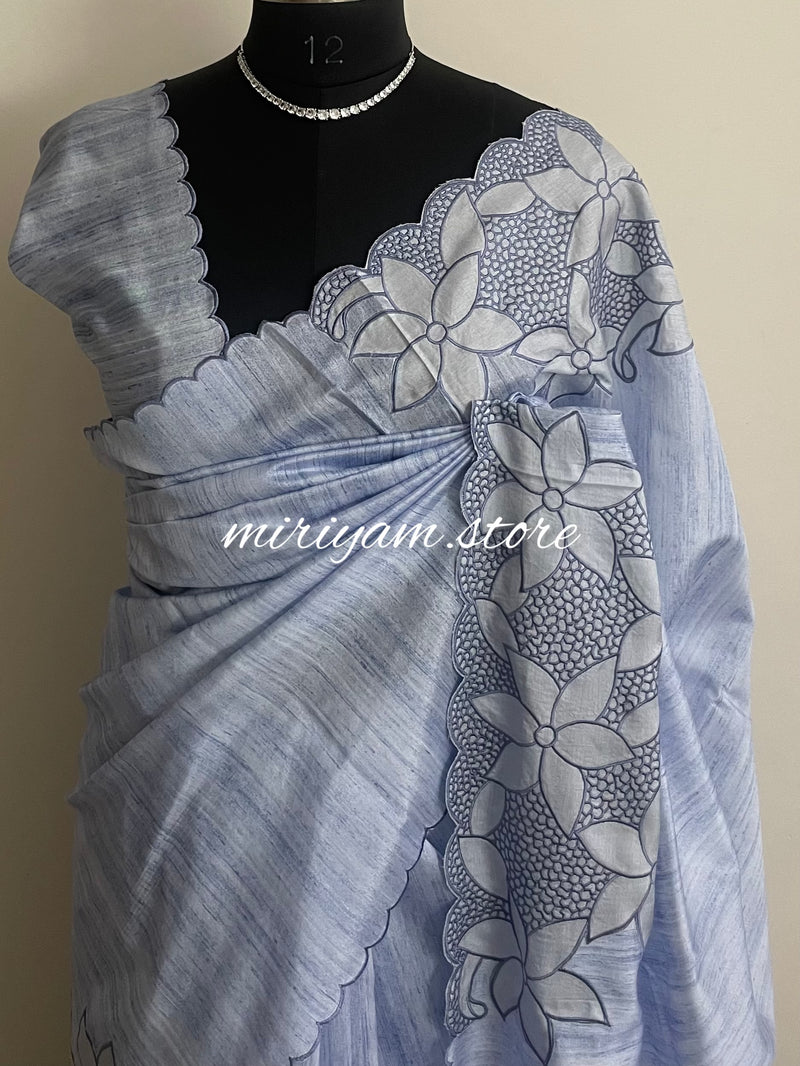 Crepe semi tussar saree with embroidery and scalloped border MCSS651 - Pastel Navy blue