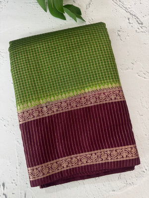 Semi silk saree with checks zari weaving  MS81543 : Green to Wine