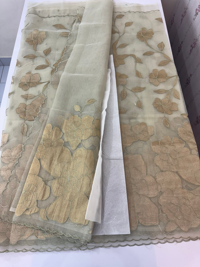 Organza saree with tissue applique work MS5081 - Pastel DuskyGreen