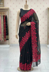 Moonga checks saree with applique work MS81789 - Black to Red