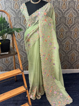 Crepe Crush chiffon organza saree with embriodery MS9702 - PistaGreen