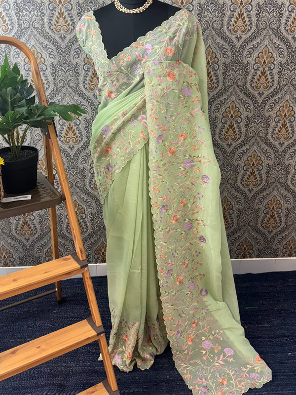Crepe Crush chiffon organza saree with embriodery MS9702 - PistaGreen