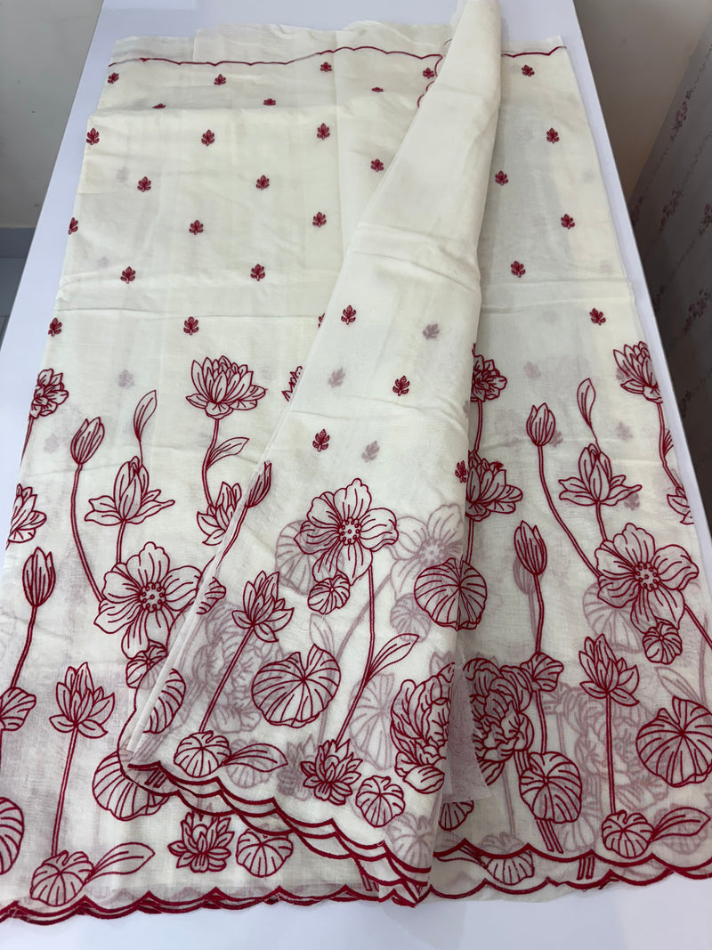 Mul chanderi embriodery saree  MSH135 - Offwhite & Red (Design2)