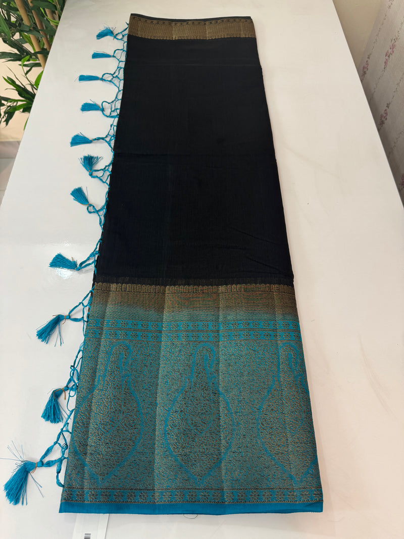 Jute silk sarees with contrast pallu & blouse MJL3412 - Black to CobaltBlue