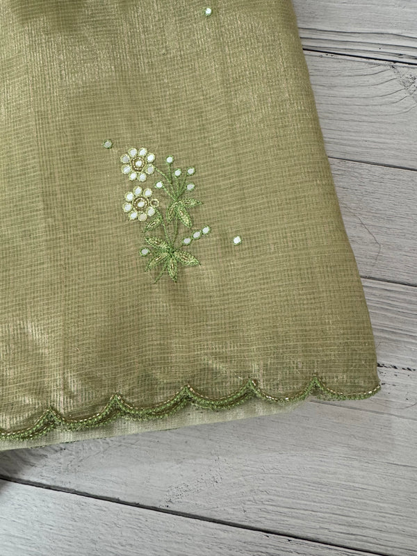 Tissue silk saree with foil work and cutdana scalloped border 
MTSS432- LightGreen
