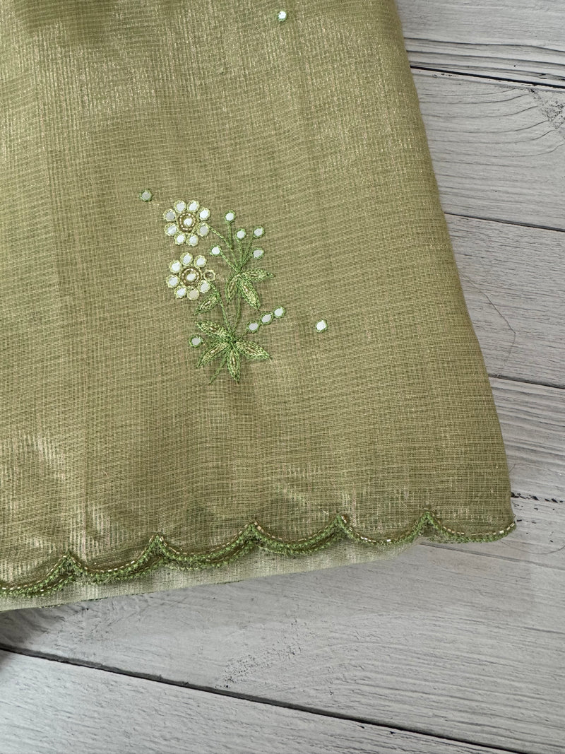 Tissue silk saree with foil work and cutdana scalloped border 
MTSS432- LightGreen