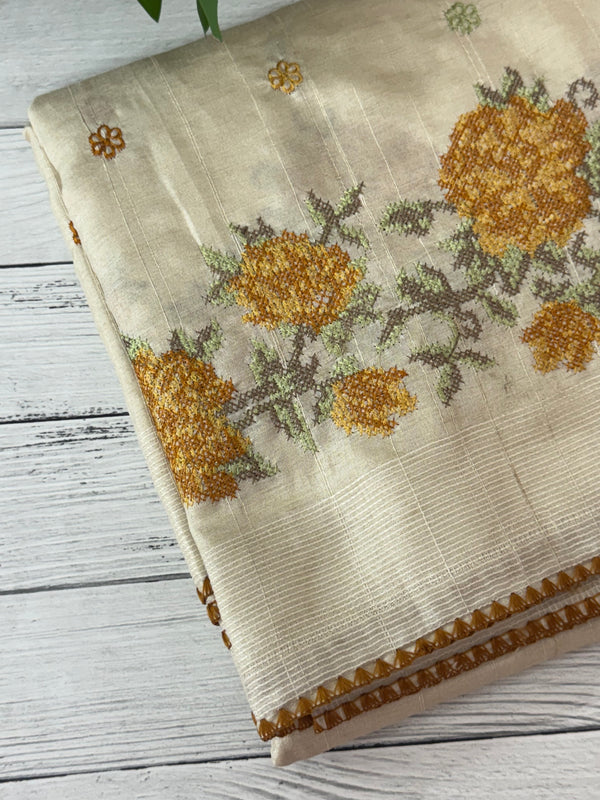 Blended tussar silk saree with cross stitch embroidery MS40490