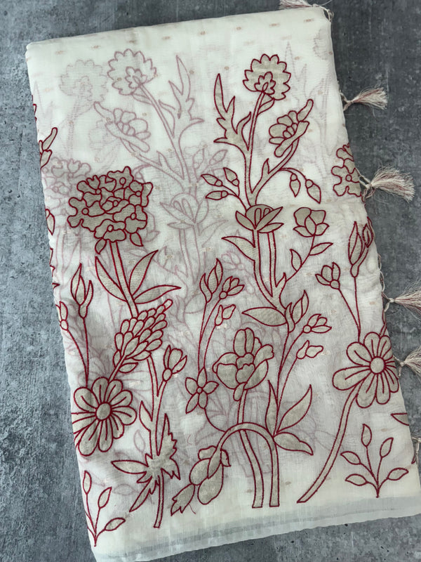 Mul chanderi applique work saree  MSH132 - Offwhite & Red