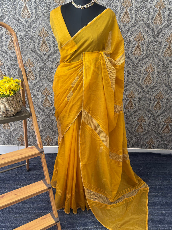 Supernetsaree with crochet work and lace border MCJ5433 - Mustard (Design - Diagonal Crochet)