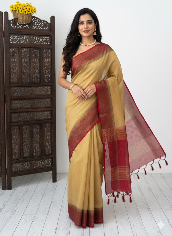 Jute silk sarees with contrast pallu & blouse MJL396 -DarkBeige to Red