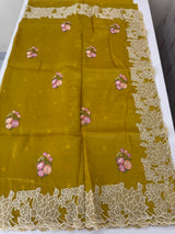 Soft crush Organza saree with embroidery and applique work MS14764 MustardYellow