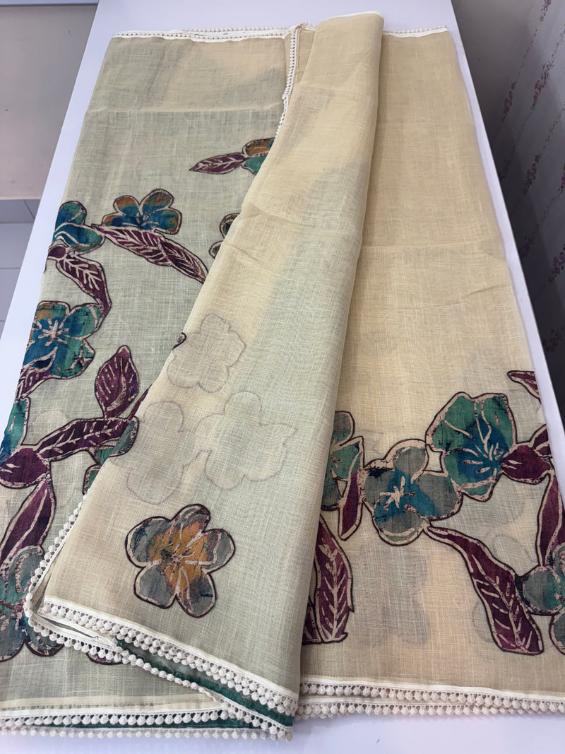 Tissue linen saree with applique work MLS5478