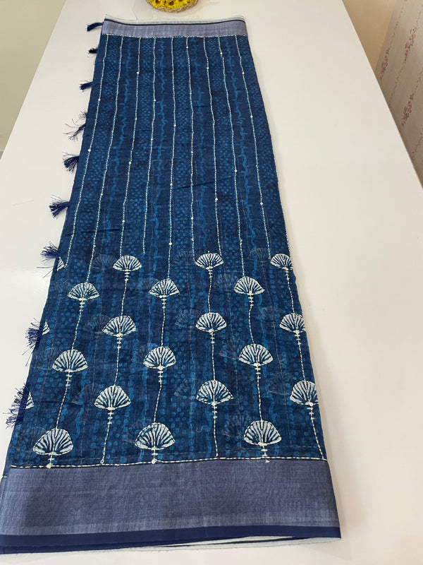 Indigo chanderi saree with kanta embriodery MS59012