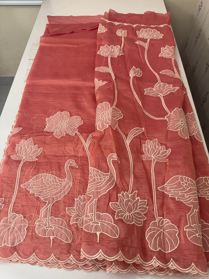 Crush Organza Applique work saree MS14987- PeachPink