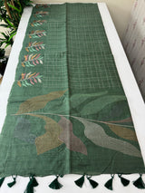 Crushed Blended tussar silk saree with embroidery- SNFCYEY JADE GREEN