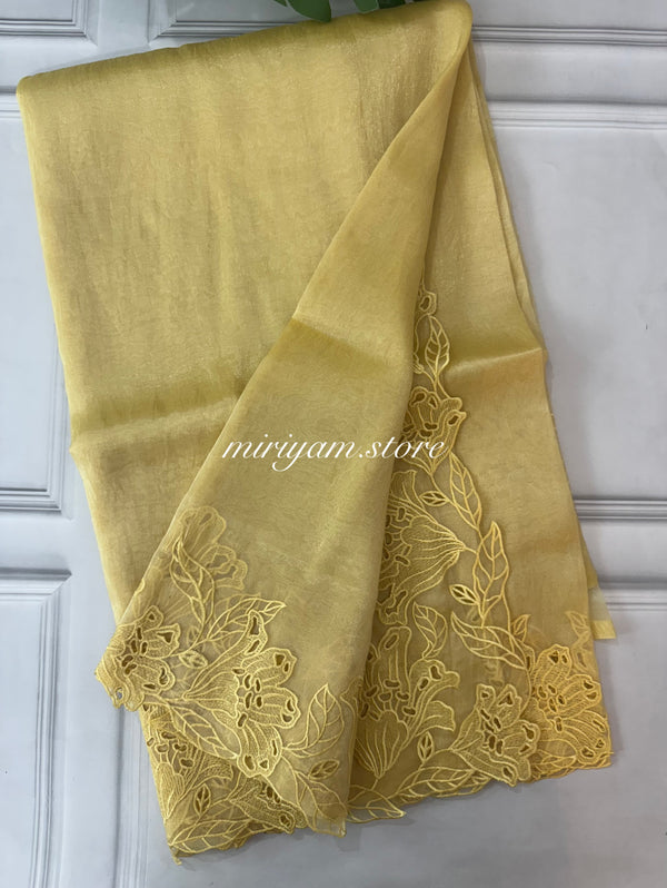 Tissue Organza cutwork sarees FBLK154 CreamyYellow