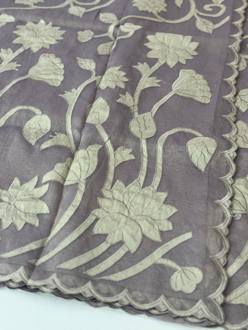Dual tone Crush silk Organza Applique work saree MS14567- GreyishMauve