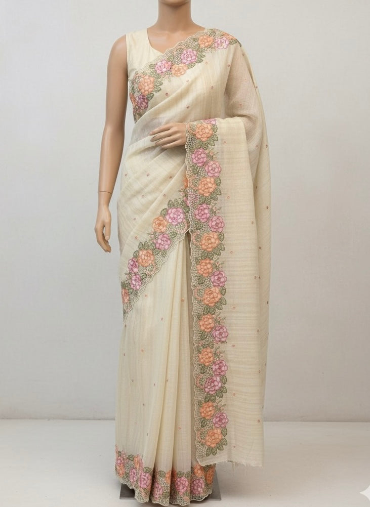 Embriodery Kota Silk Cutwork saree SBLCYNY - Beige