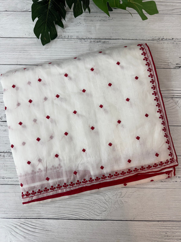 Blended tussar saree with embriodery - MS14401 White and Red