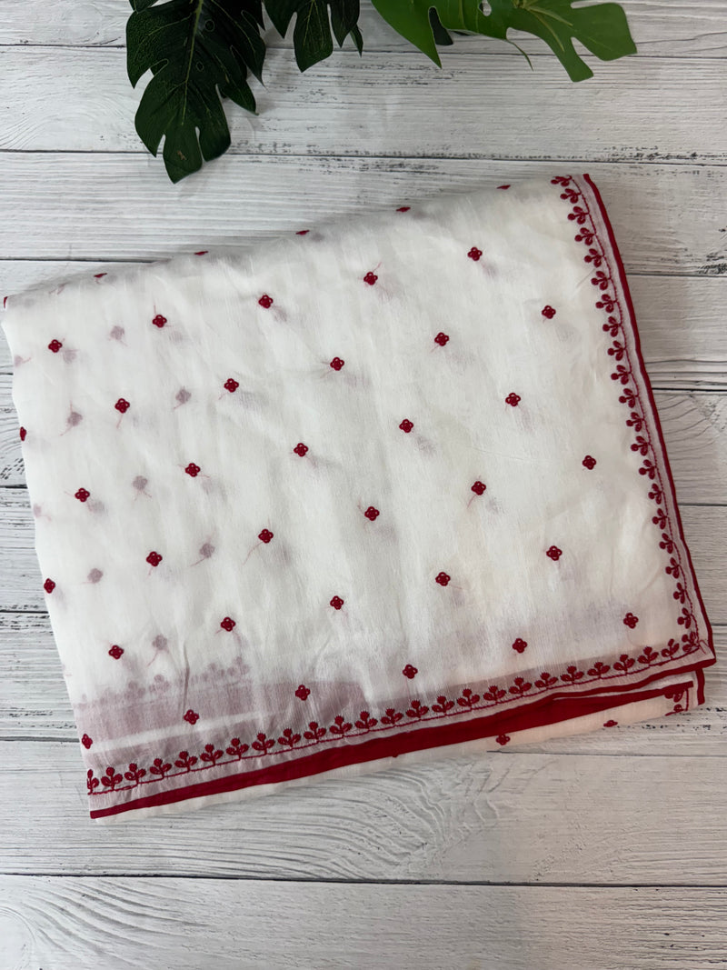 Blended tussar saree with embriodery - MS14401 White and Red