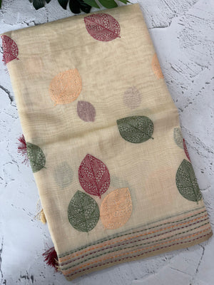 Semi chanderi saree kanta embriodery MSF590 - Cream