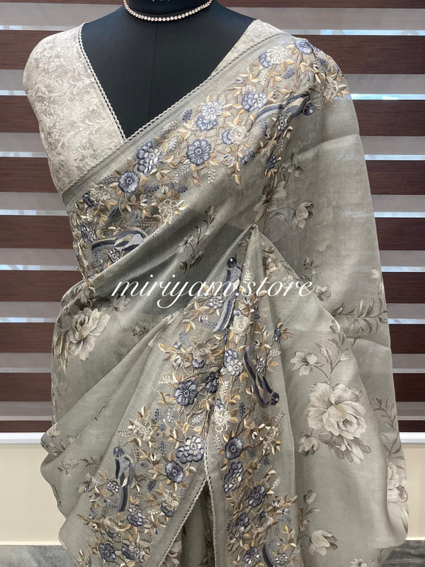 Pure tussar-organza digital printed saree- MTSS653 Ash