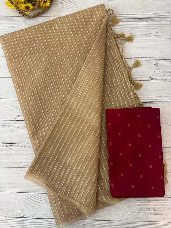 Semi organza thread work saree with soft silk blouse MOS9543 - Beige to MaroonRed