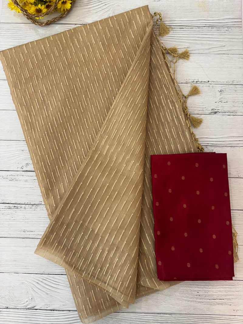 Semi organza thread work saree with soft silk blouse MOS9543 - Beige to MaroonRed