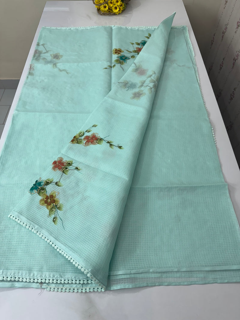 Soft kota silk saree with handpainting & embroidery MS14953 PastelBlue