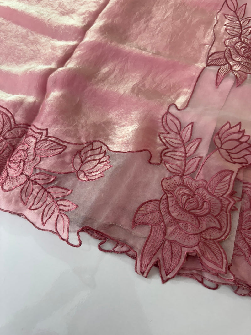 Fancy satin silk organza saree with applique borders
 MS14207 Pink