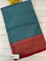 Banarasi semi katan saree with contrast border MS6665- TealBlue to Red