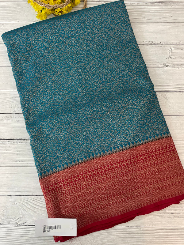 Banarasi semi katan saree with contrast border MS6665- TealBlue to Red