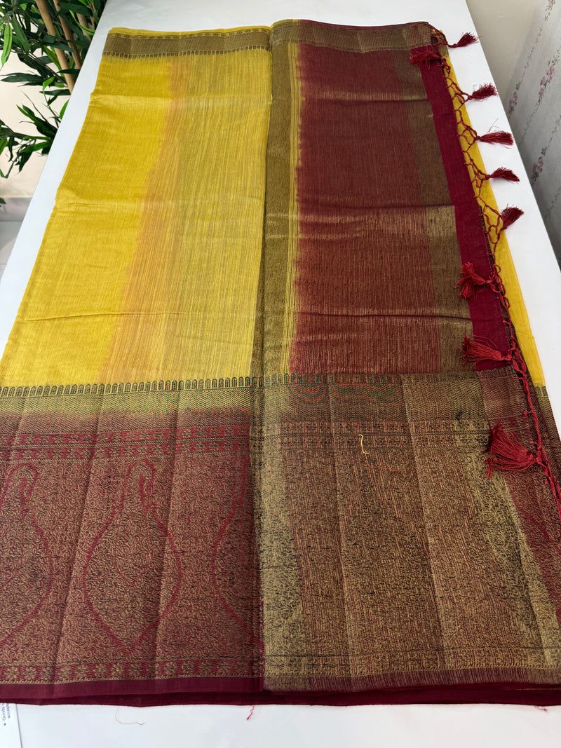 Jute silk sarees with contrast pallu & blouse MJL3412 Beige to Maroon