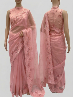 Cutwork Glass organza saree with Blouse MOS453 PeachyPink